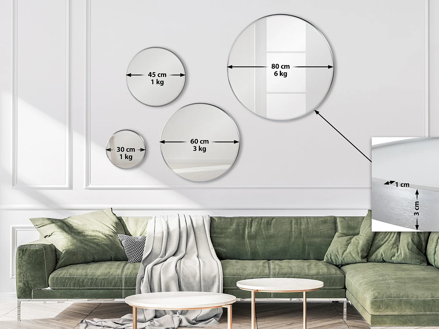 Miroir mural - rond Ø 80 cm - Métal - Argent - Elsie