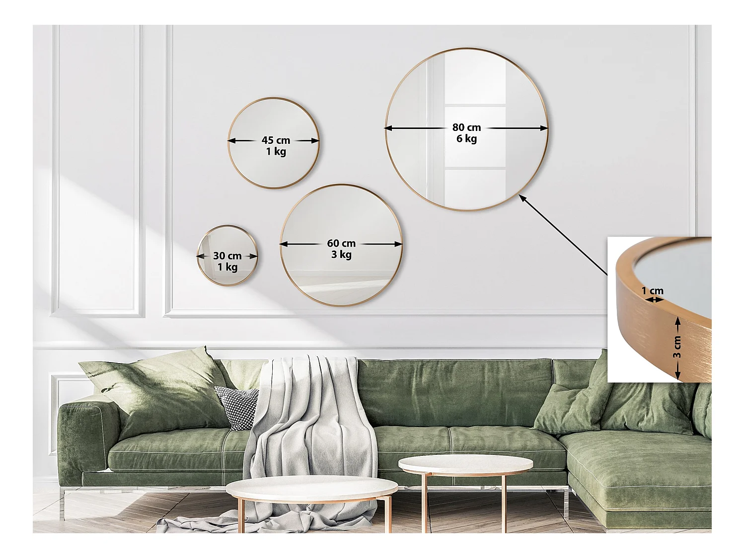 Miroir mural - rond Ø 60 cm - Métal - gold matt - Elsie