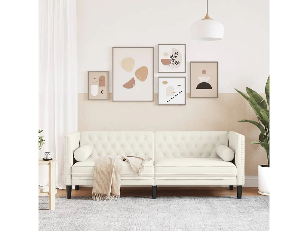 Driezitsbank Chesterfield-stijl met bolsters fluweel crèmekleur