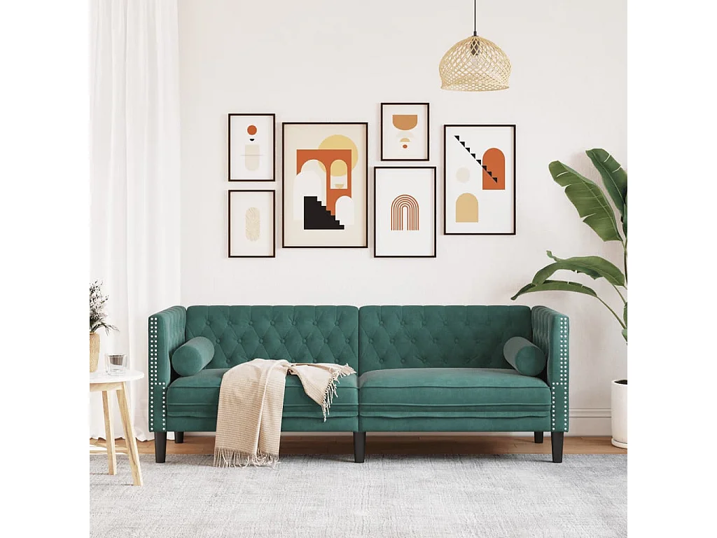 Canapé Chesterfield avec traversins 3 places vert foncé velours