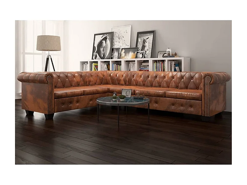 Canapé d'angle Chesterfield 6 Places Cuir artificiel Marron
