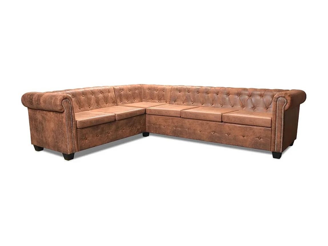 Chesterfield hoekbank 6-zits kunstleer bruin