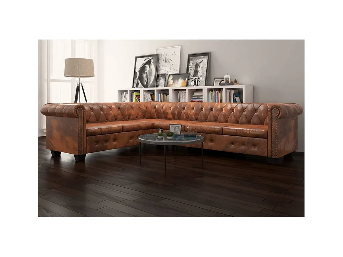 Canapé d'angle Chesterfield 6 Places Cuir artificiel Marron