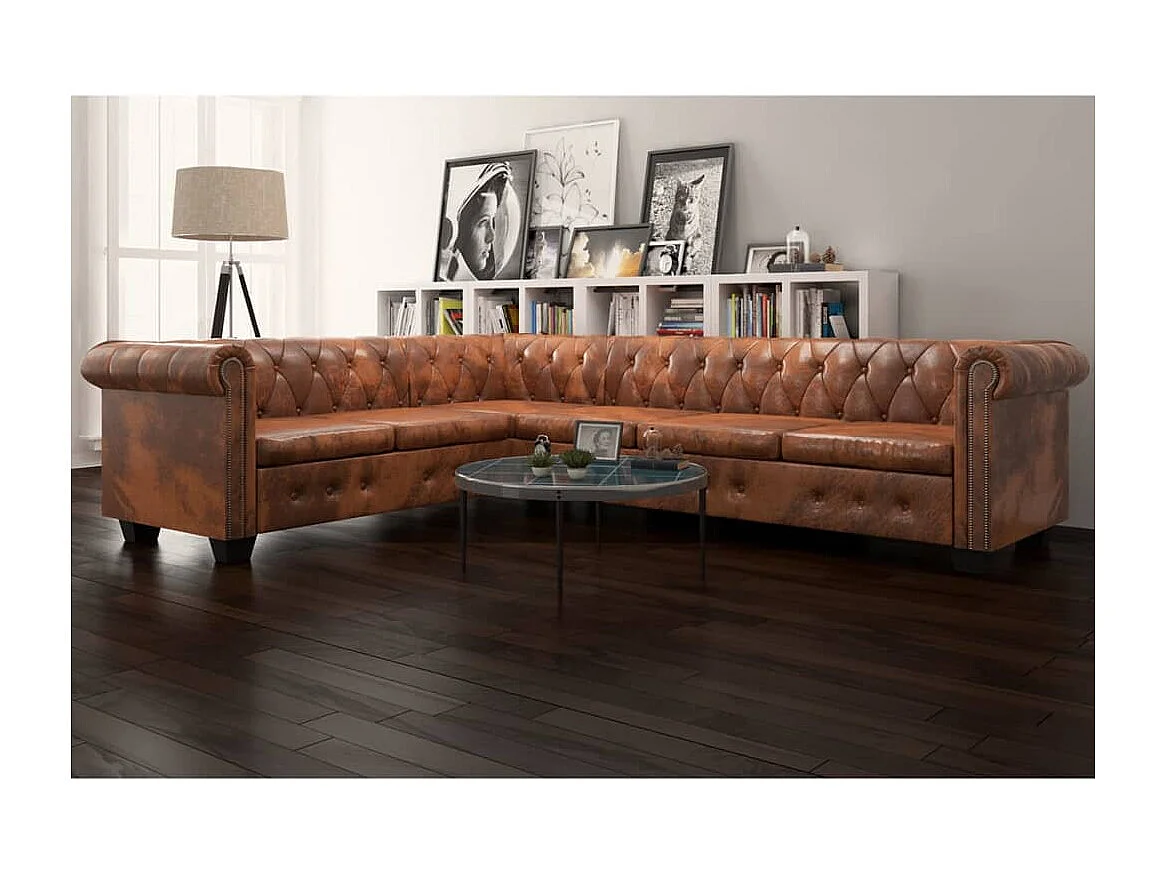 Canapé d'angle Chesterfield 6 Places Cuir artificiel Marron