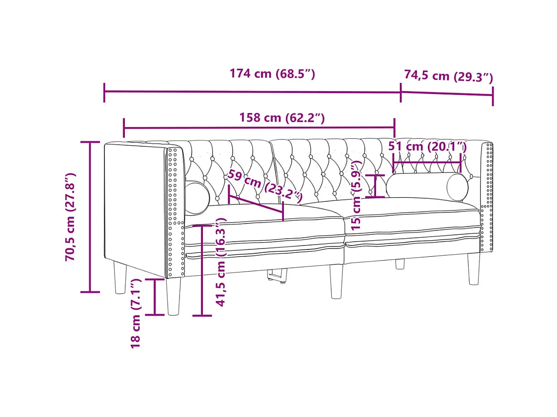 Canapé Chesterfield avec traversins 2 places velours