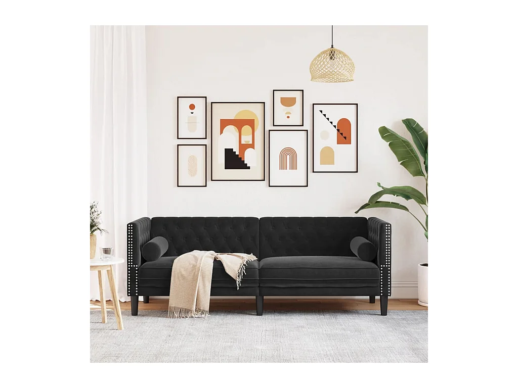 Canapé Chesterfield avec traversins 3 places noir velours