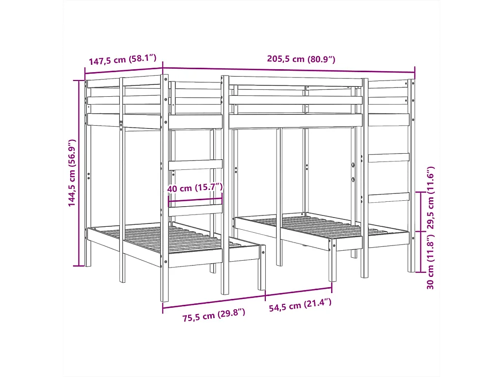 Lit superposé triple blanc 140x200/70x140 cm bois de pin massif