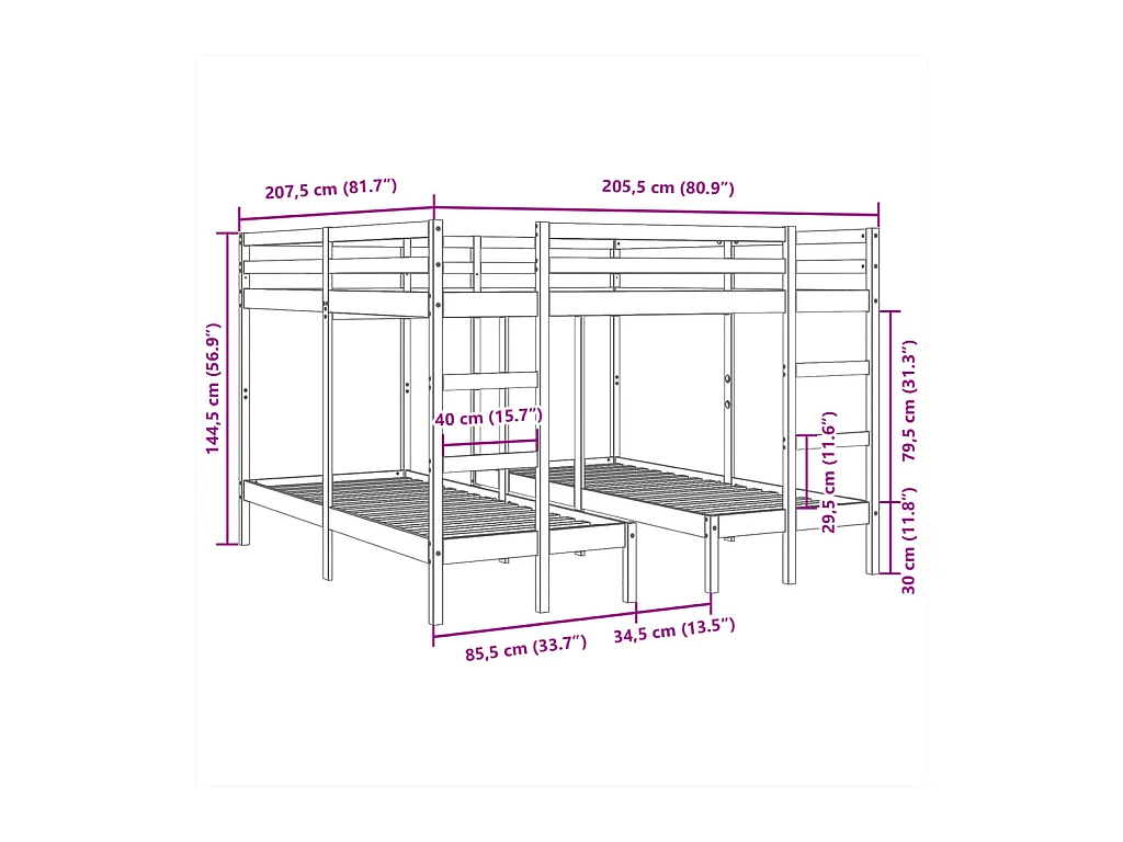 Stapelbed 3-voudig massief grenenhout 200x200/80x200 cm