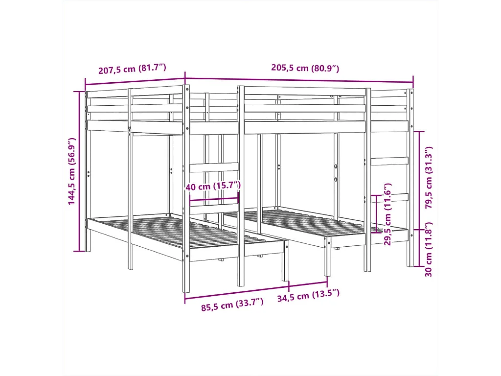 Estructura de litera triple madera de pino 140x200/70x140 cm