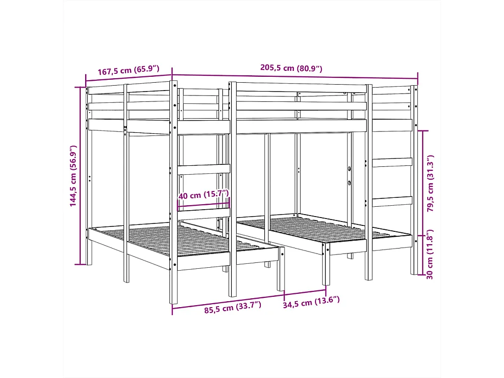 Lit superposé triple blanc 140x200/70x140 cm bois de pin massif