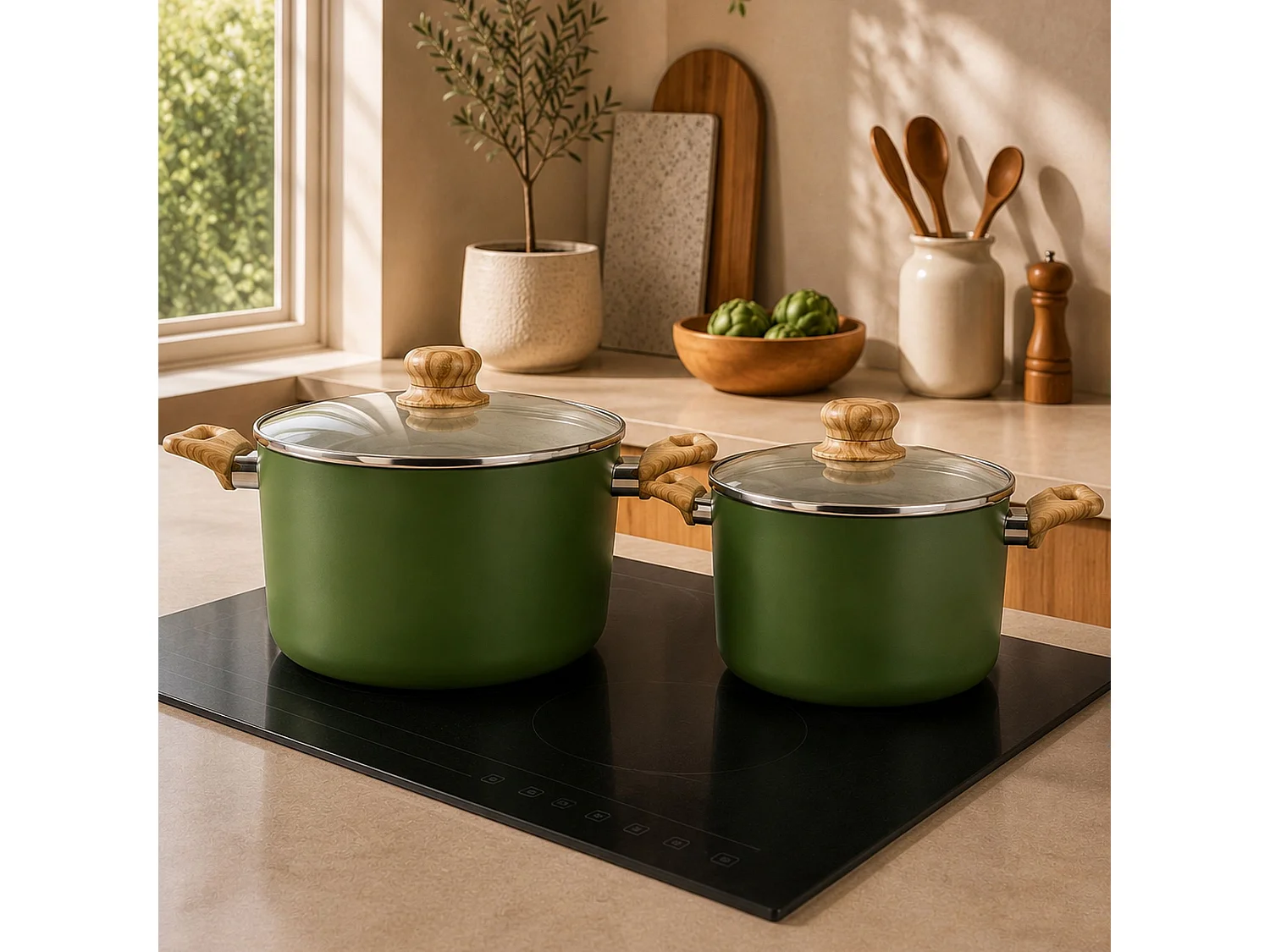 Menastyl - Faitout Colorama 20cm En Aluminium Recyclé Olive Avec Couvercle En Verre