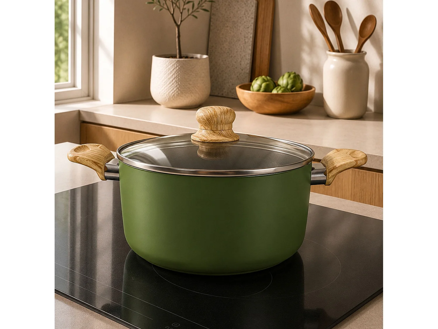 Menastyl - Faitout Colorama 20cm En Aluminium Recyclé Olive Avec Couvercle En Verre