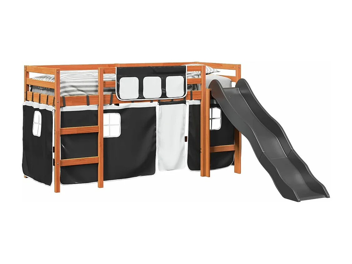 Lit mezzanine enfants et rideaux blanc/noir 80x200cm pin massif