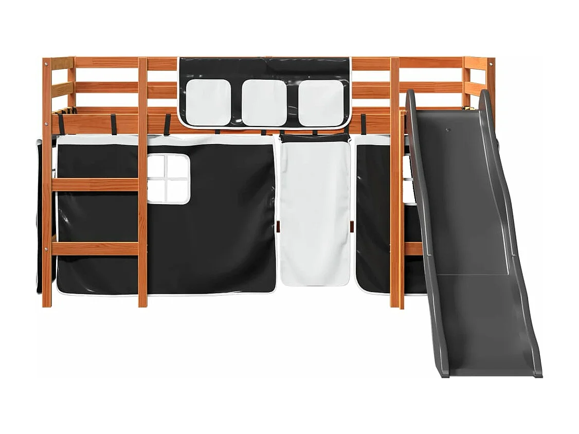 Lit mezzanine enfants et rideaux blanc/noir 80x200cm pin massif