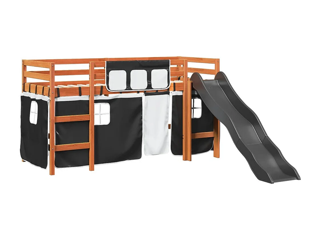 Cama alta niños con cortinas madera pino blanco negro 80x200 cm