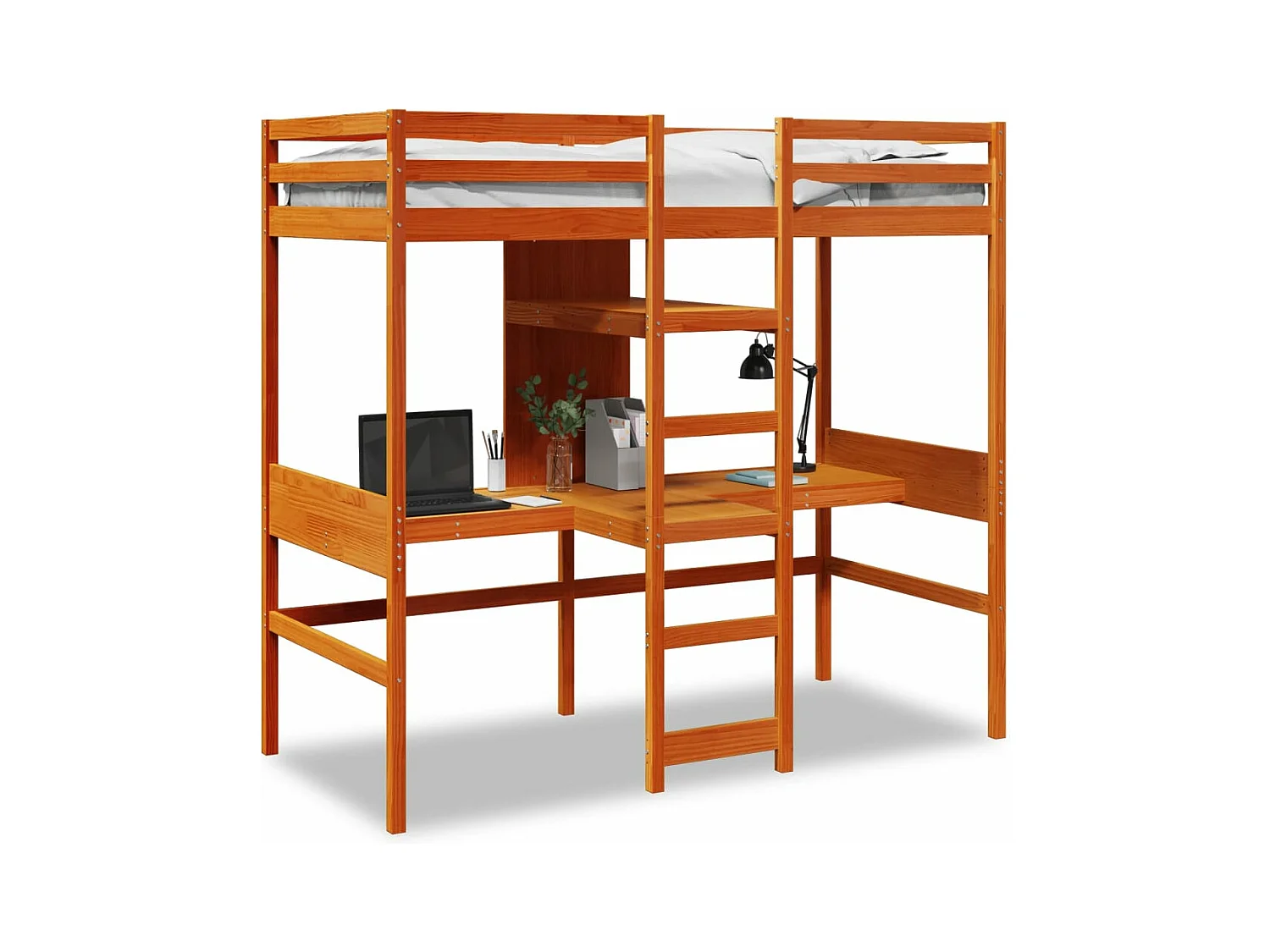 Lit mezzanine avec bureau et étagères brun cire 90x200 cm pin