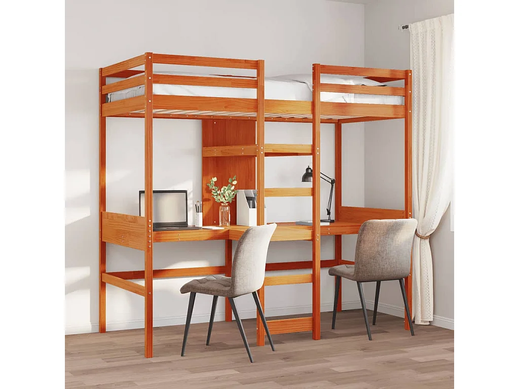 Lit mezzanine avec bureau et étagères brun cire 90x200 cm pin