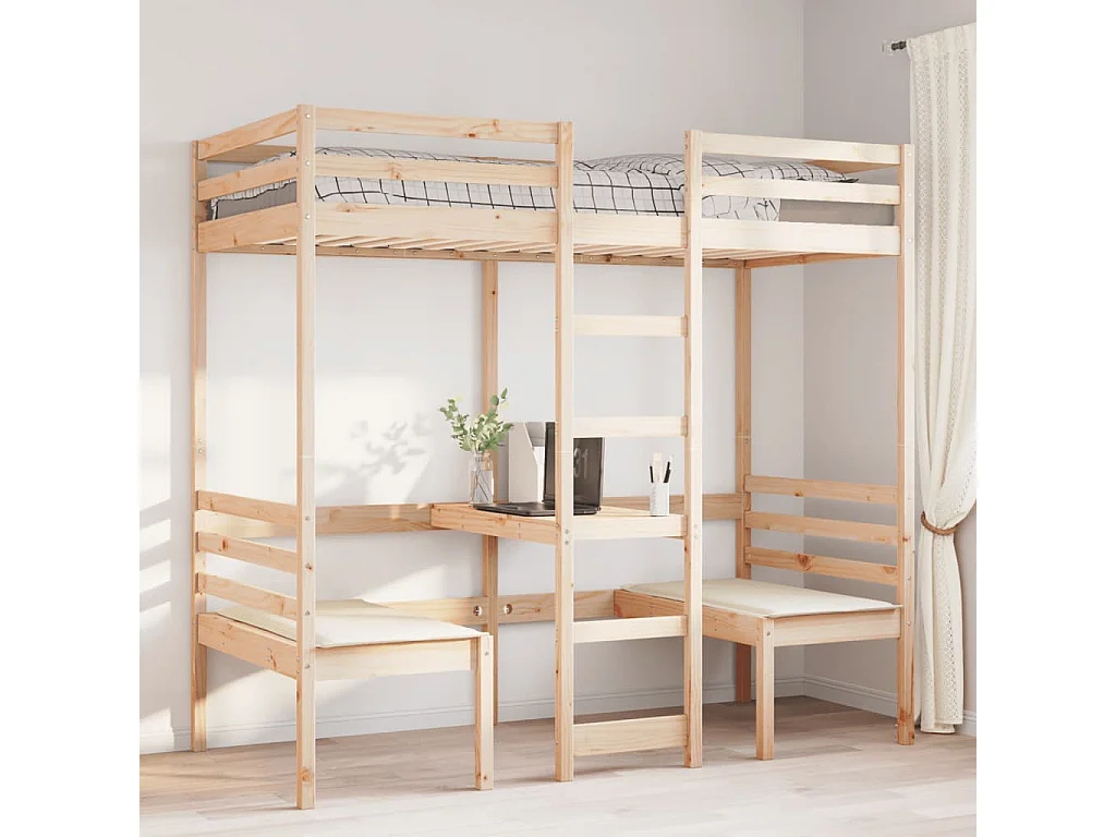 Lit mezzanine avec bureau et chaises 90x200 cm pin massif