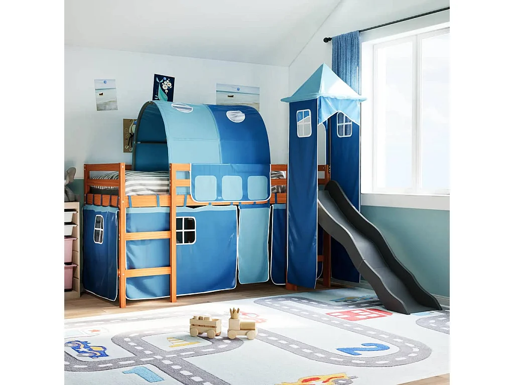 Lit mezzanine enfants avec tour bleu 90x200 cm bois pin massif