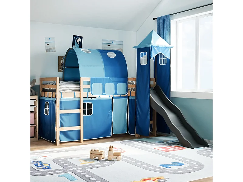 Cama alta para niños con torre madera pino azul 80x200 cm