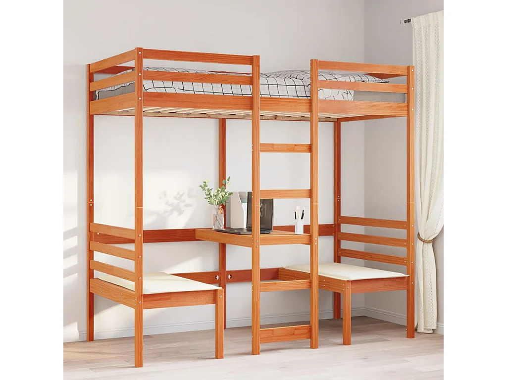Cama alta escritorio y asientos madera maciza marrón 75x190 cm