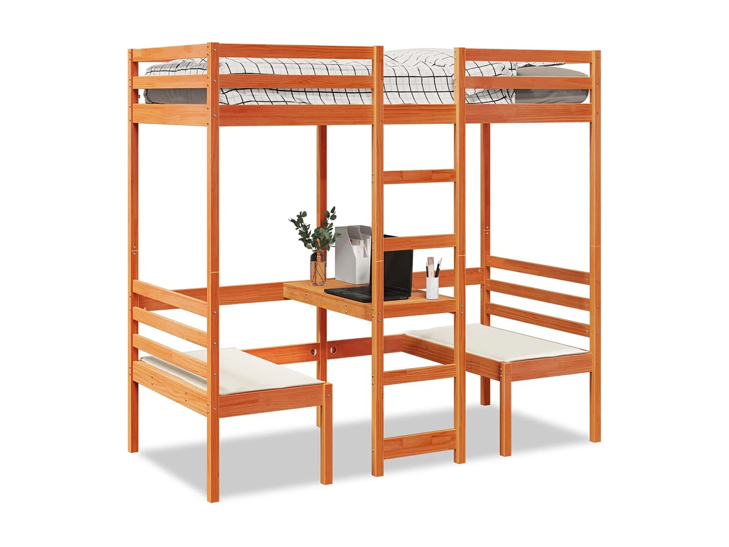 Lit mezzanine avec bureau et chaises brun cire 90x190 cm pin