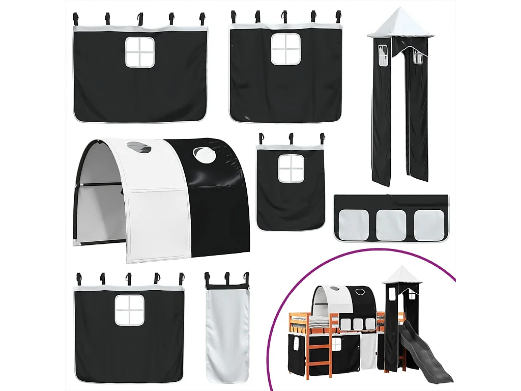 Cama alta criança c/ torre 80x200 cm pinho maciço branco/preto