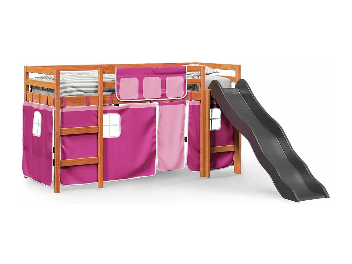 Lit mezzanine enfants et rideaux rose 80x200cm bois pin massif