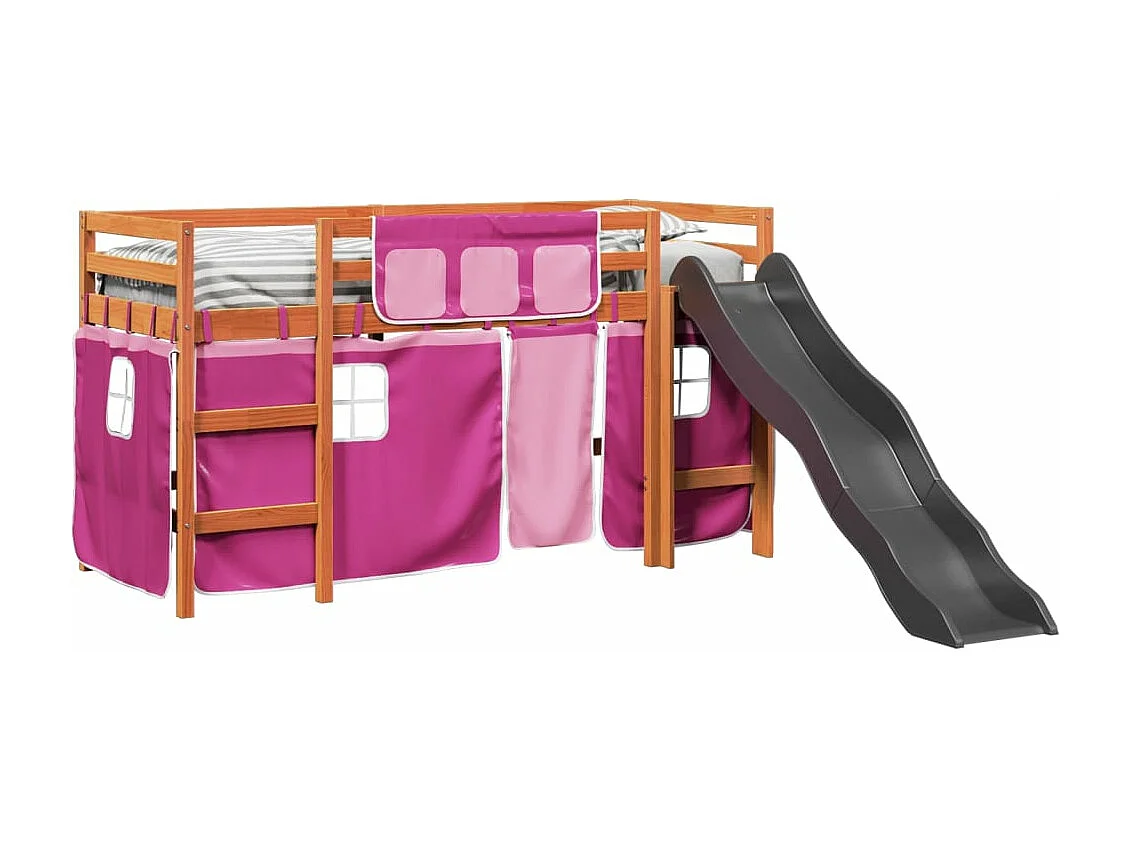 Lit mezzanine enfants et rideaux rose 80x200cm bois pin massif