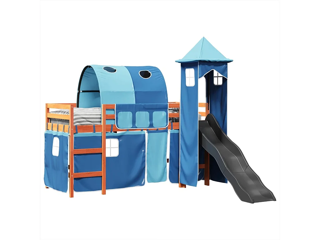 Kinderhoogslaper met toren 80x200 cm massief grenenhout blauw