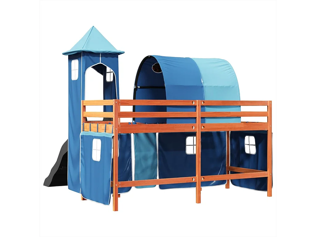 Kinderhoogslaper met toren 80x200 cm massief grenenhout blauw