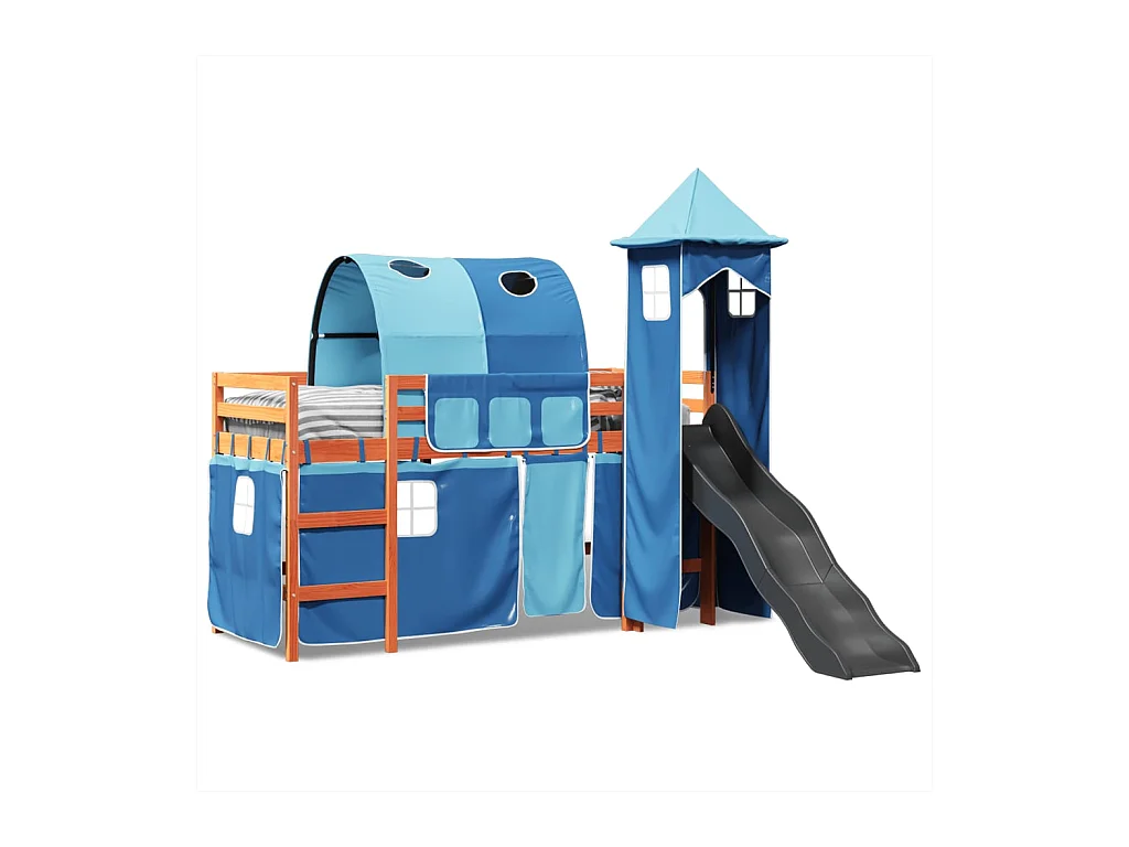 Lit mezzanine enfants avec tour bleu 80x200cm bois pin massif