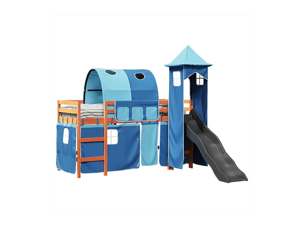 Lit mezzanine enfants avec tour bleu 80x200cm bois pin massif