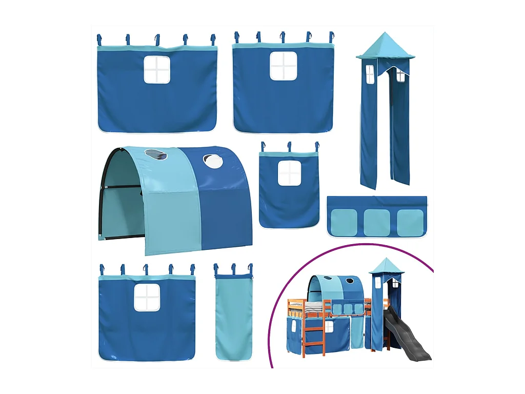 Lit mezzanine enfants avec tour bleu 80x200cm bois pin massif