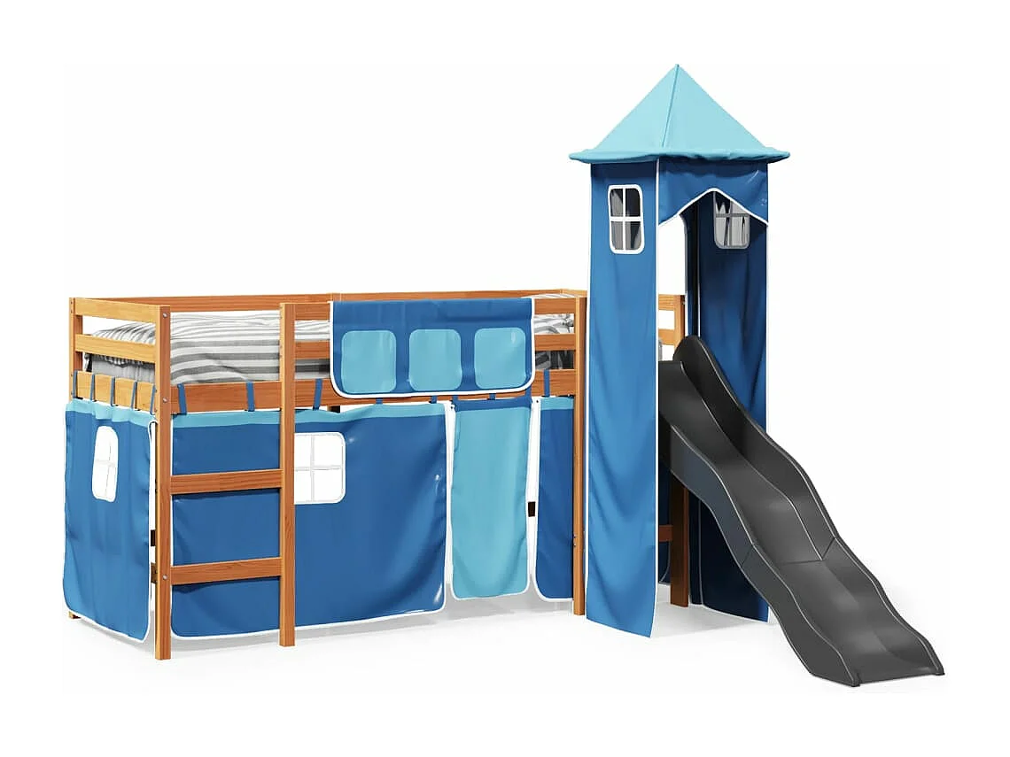 Lit mezzanine enfants avec tour bleu 80x200cm bois pin massif