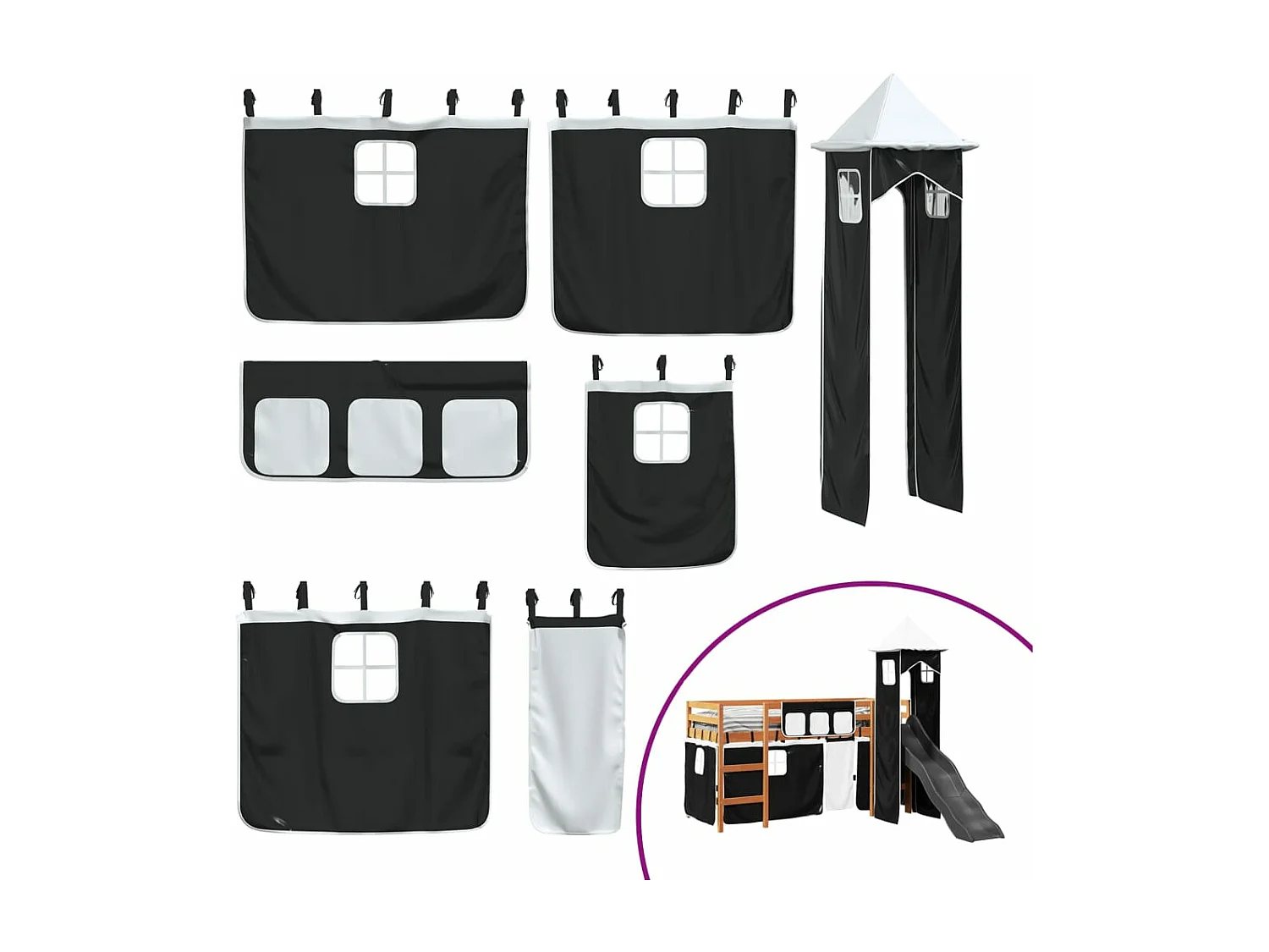 Lit mezzanine enfants avec tour blanc/noir 80x200cm pin massif