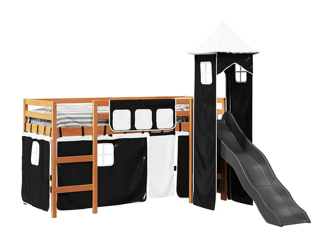 Cama alta niños con torre madera pino blanco negro 80x200 cm