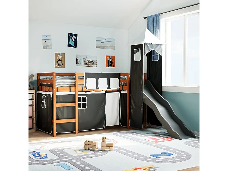 Cama alta niños con torre madera pino blanco negro 80x200 cm