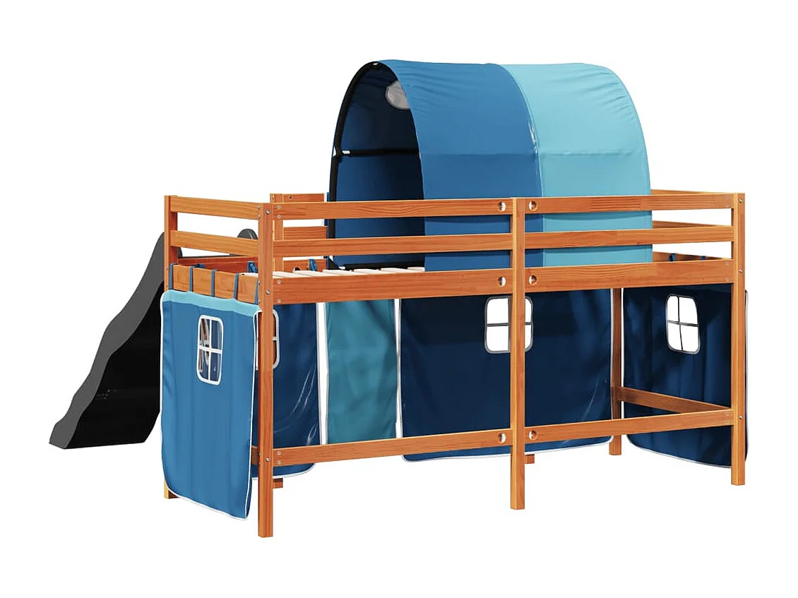 Lit mezzanine enfants avec tunnel bleu 80x200cm bois pin massif