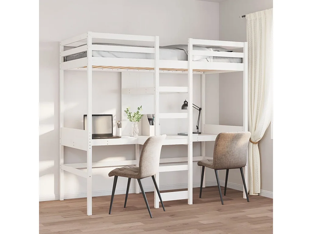 Lit mezzanine avec bureau et étagères blanc 90x200cm pin massif