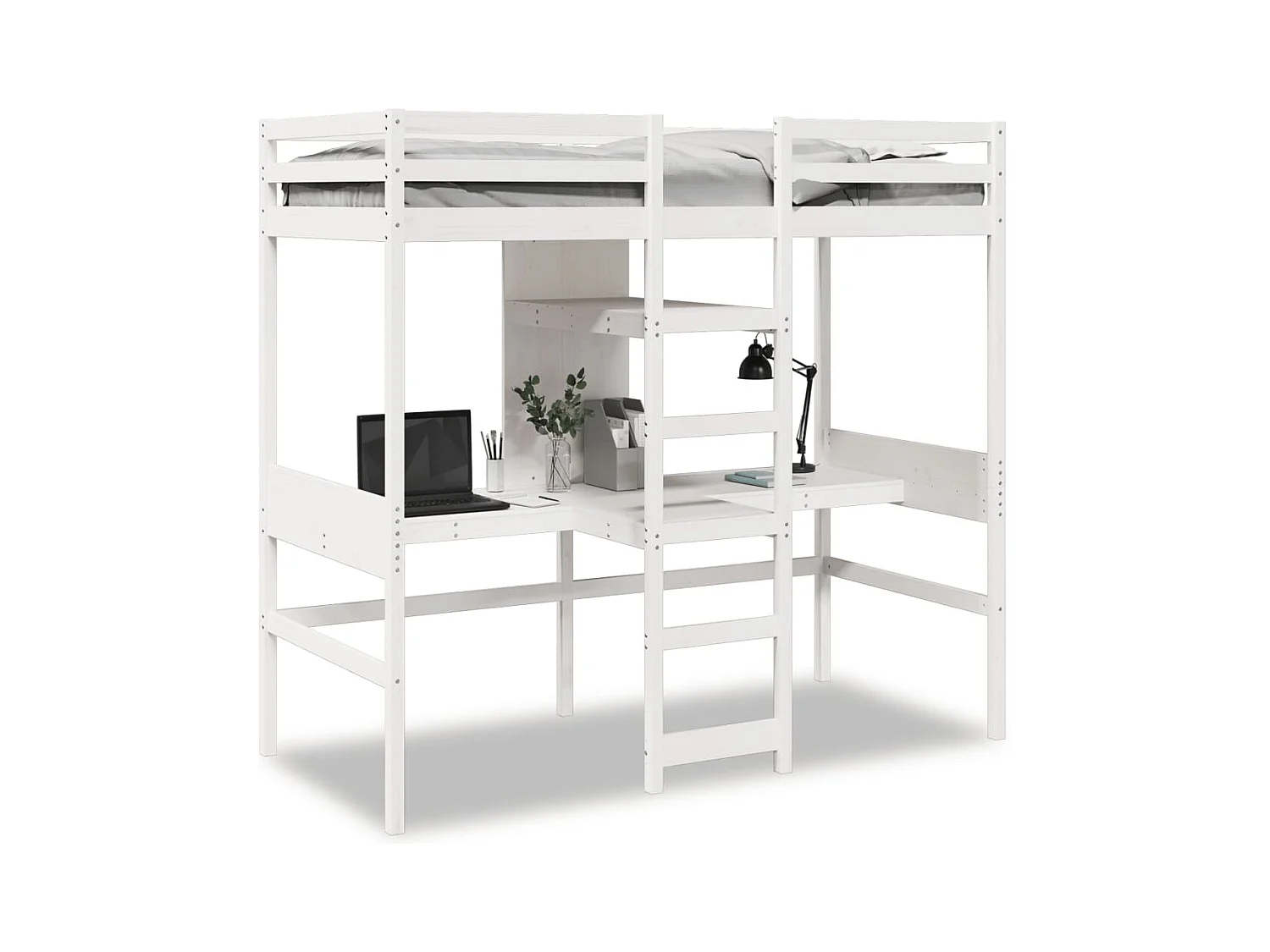 Lit mezzanine avec bureau et étagères blanc 90x200cm pin massif