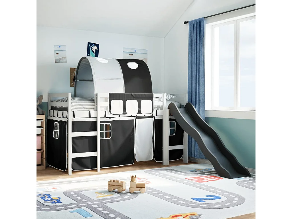 Cama alta criança c/ túnel 90x200 cm pinho maciço branco/preto