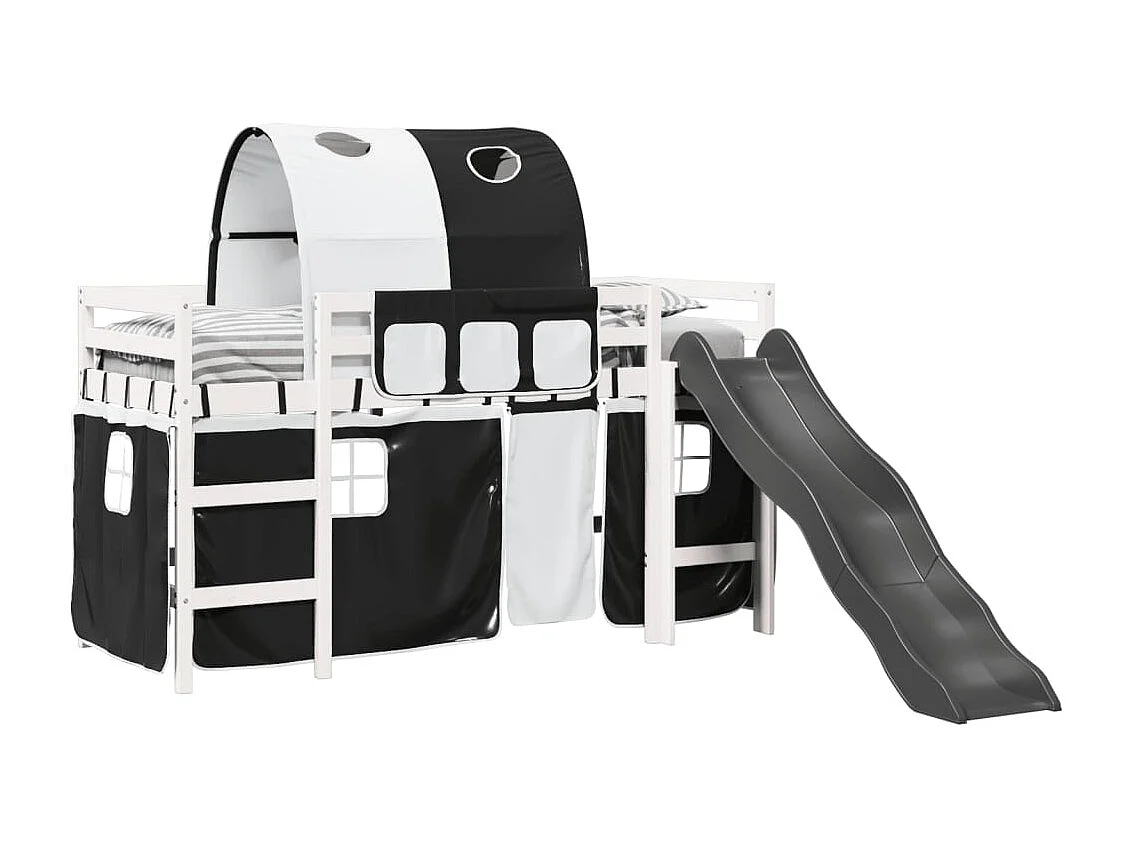 Cama alta criança c/ túnel 90x200 cm pinho maciço branco/preto