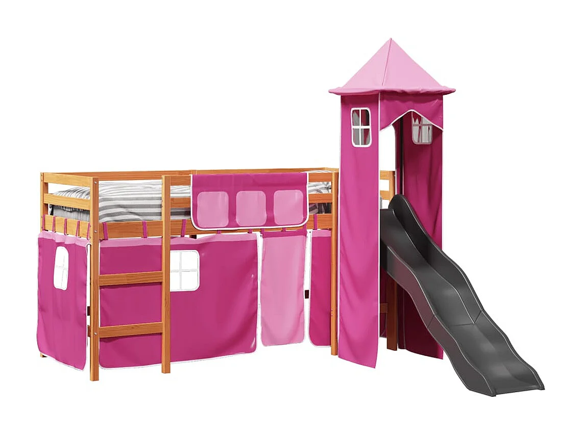 Cama alta para criança com torre 90x200 cm pinho maciço rosa