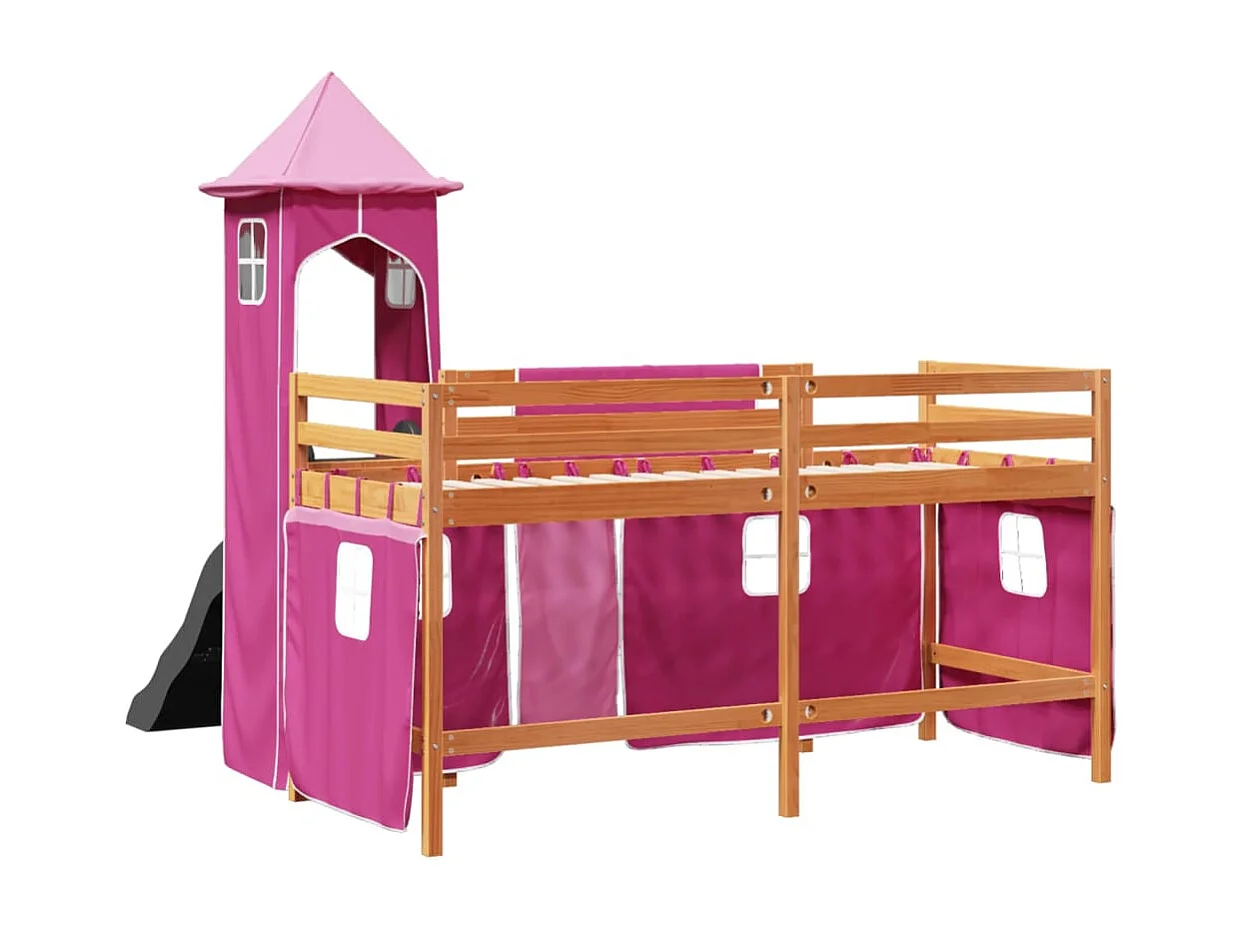 Cama alta para criança com torre 90x200 cm pinho maciço rosa