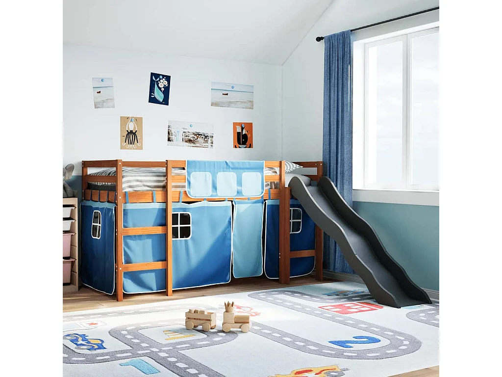 Lit mezzanine enfants et rideaux bleu 80x200cm bois pin massif