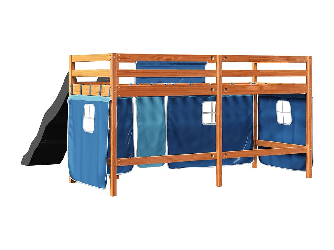 Lit mezzanine enfants et rideaux bleu 80x200cm bois pin massif