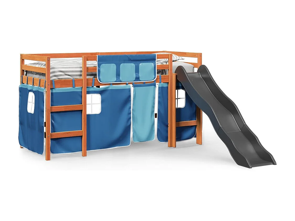 Lit mezzanine enfants et rideaux bleu 80x200cm bois pin massif