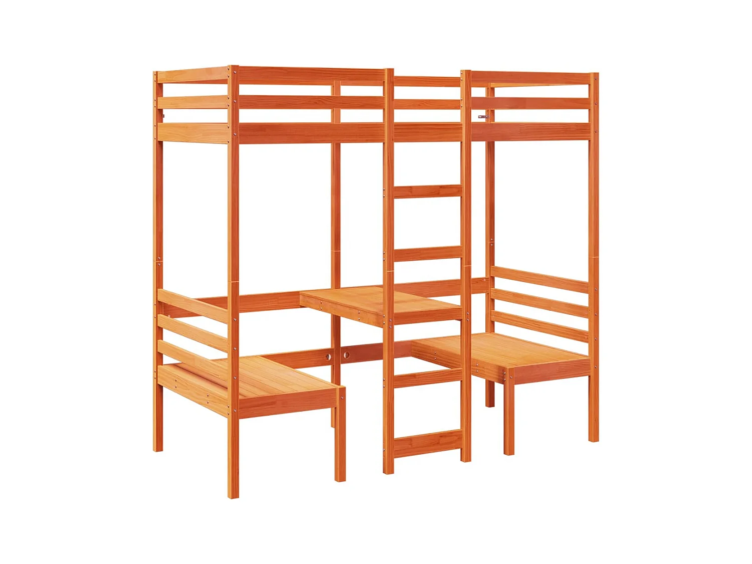 Lit mezzanine avec bureau et chaises brun cire 80x200 cm pin