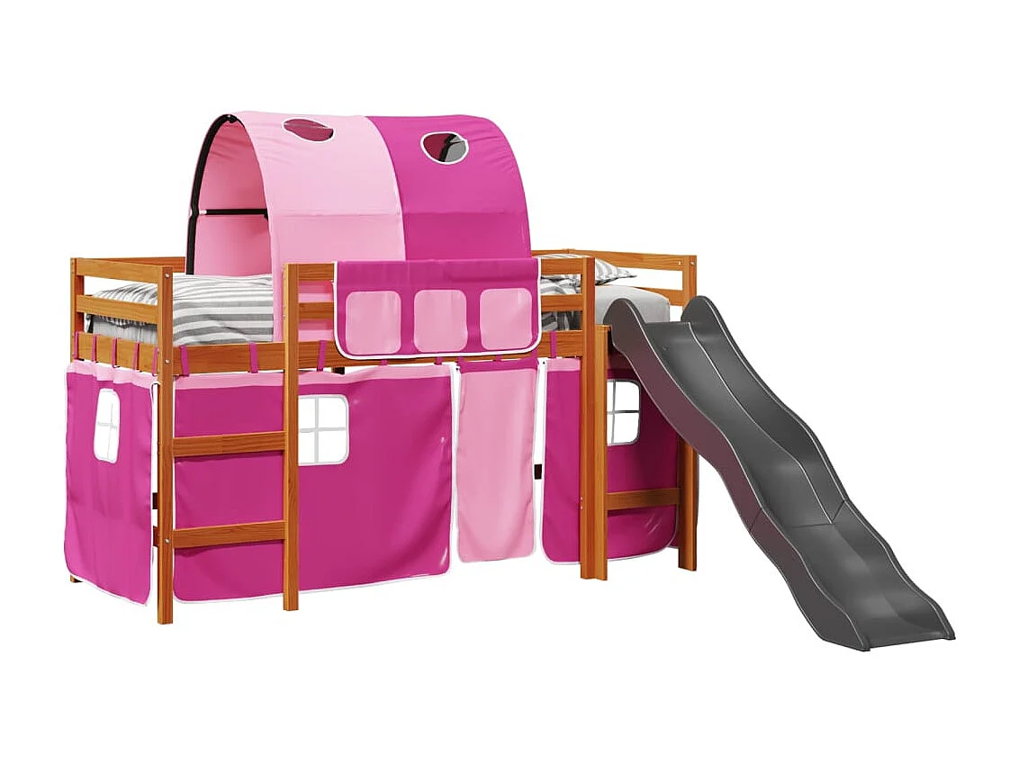 Lit mezzanine enfants avec tunnel rose 80x200cm bois pin massif